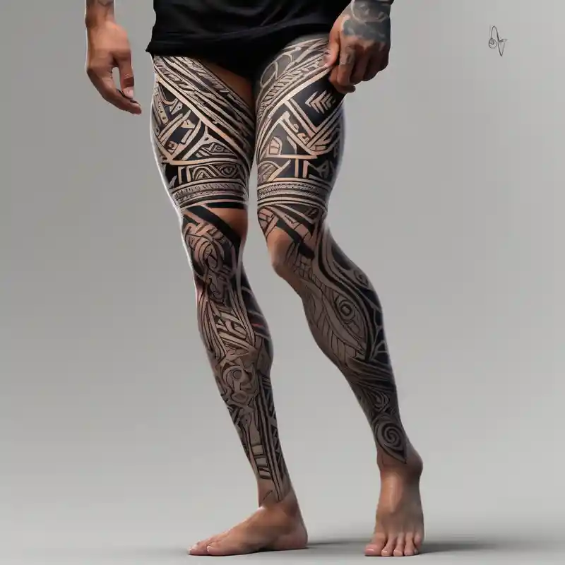 realistic style Idées de tatouages sur la jambe en 2025 &Générer gratuitement about Male columbian tribal tattoo on leg leg-men and Male columbian tribal tattoo on leg leg-men