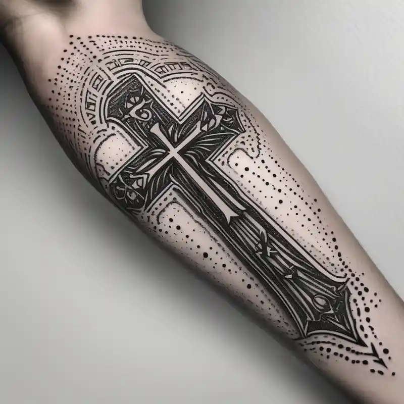 dotwork style Ideas para tatuajes bíblicos en 2025 & Generar gratis about Forearms sleeve biblical cross male-sleeve-designs and Forearms sleeve biblical cross male-sleeve-designs