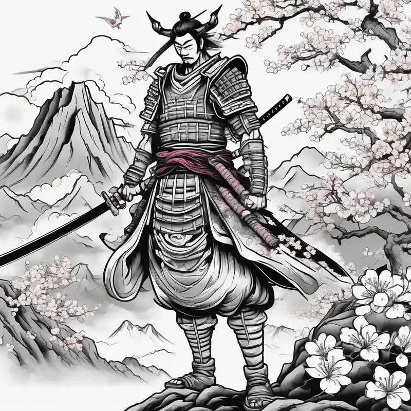 cartoon style Idées de Tatouage de Serpent Japonais en 2025 &Générer gratuitement about arm sleeve tattoo stencil of a samurai standing at the bottom of a mountain with cherry blossoms in the background and and japanese structures