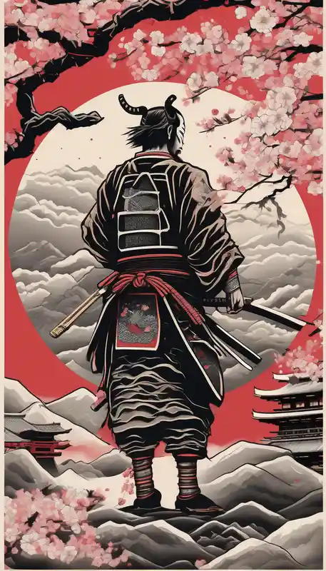 japanese style Back Neck Tattoo Male Ideas in 2025 about arm sleeve tattoo stencil of a samurai standing at the bottom of a mountain with cherry blossoms in the background and and japanese structures