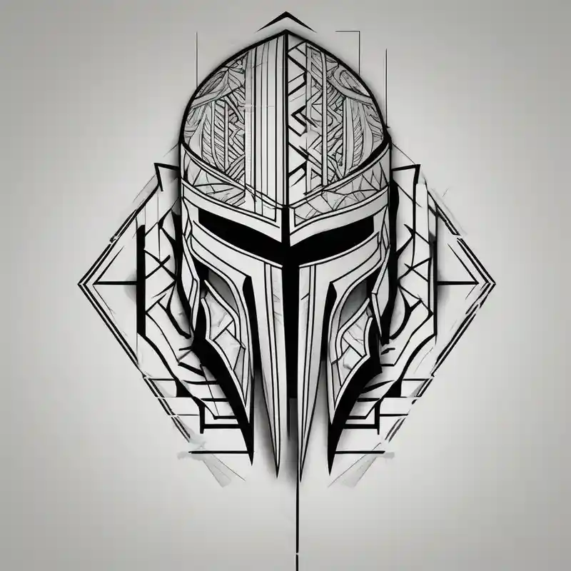 geometric style White ink tattoo Ideas in 2025 & free generation about Spartan helmet forearm sleeve and black and white