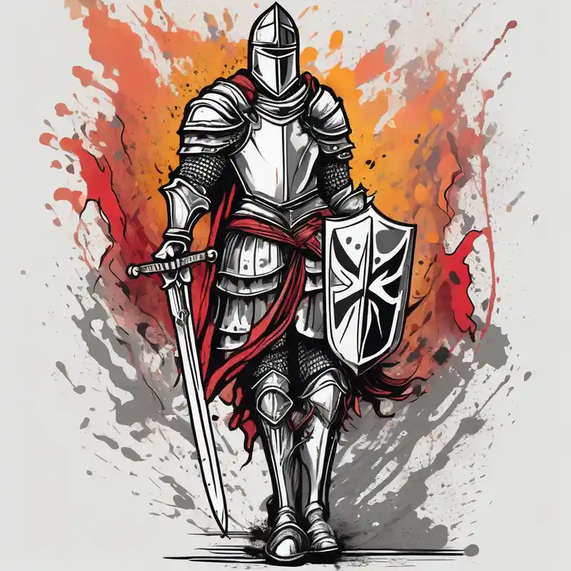 watercolor style Men's Forearm Tattoo Ideas and Designs in 2025 & free generation about A knight with a sword and shield after winning a battle for my forearm to finish my sleeve off male-sleeve and A knight with a sword and shield after winning a battle for my forearm to finish my sleeve off male-sleeve