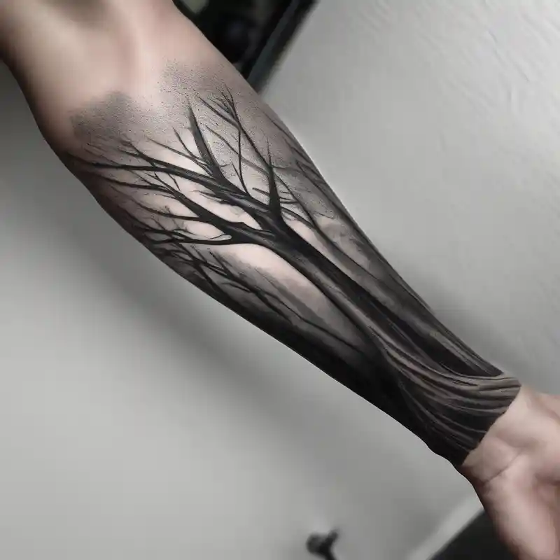 realistic style Ideas y Diseños de Tatuajes en el Antebrazo para Hombres en 2025 & Generar gratis about Full are sleeve that starts with trees on the forearm male-sleeve and Full are sleeve that starts with trees on the forearm male-sleeve