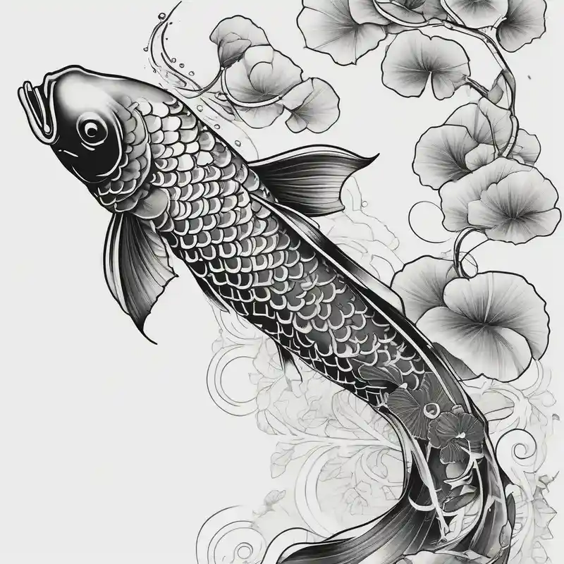 blackwork style Koi Fish Tattoo Ideas in 2025 & free generation about elegant Koi fish wit log tail and pearls and ginkgo leaf