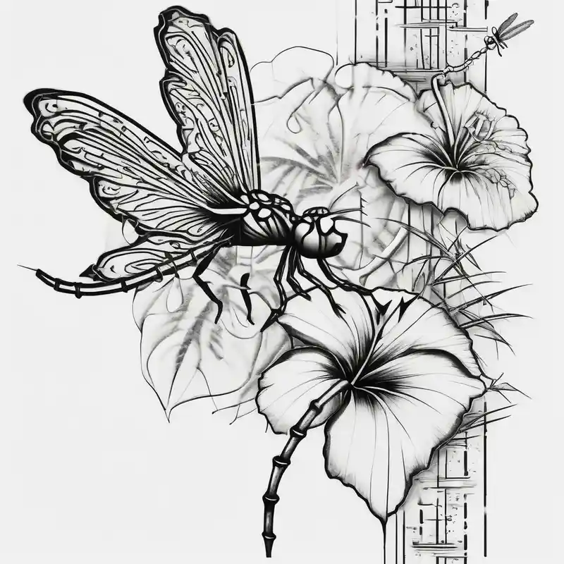 blackwork style Dragonfly Tattoo Ideas in 2025 about bamboo branch and monstera leaf