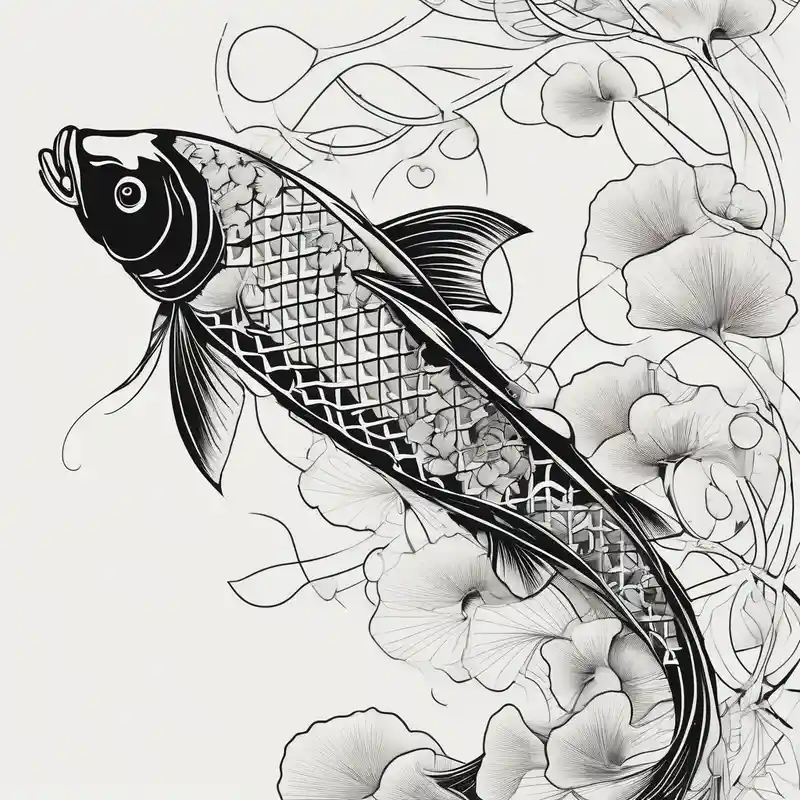 geometric style Koi Fish Tattoo Ideas in 2025 & free generation about elegant Koi fish wit log tail and pearls and ginkgo leaf