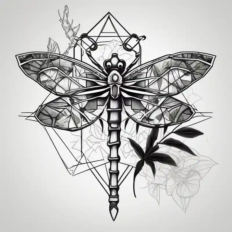 geometric style Dragonfly Tattoo Ideas in 2025 about bamboo branch and monstera leaf