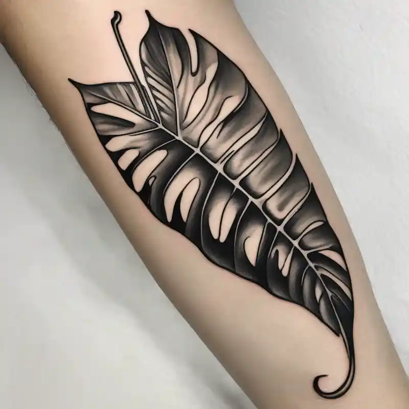 japanese style Outside Forearm Tattoo Men Ideas in 2025 & free generation about Abstract but realistic monstera leaf tattoo to go on the right leg on the outside of the leg next to the shin with a stem going down behind the ankle. Make it not so dark with lighter shading maple-leaf and Abstract but realistic monstera leaf tattoo to go on the right leg on the outside of the leg next to the shin with a stem going down behind the ankle. Make it not so dark with lighter shading maple-leaf