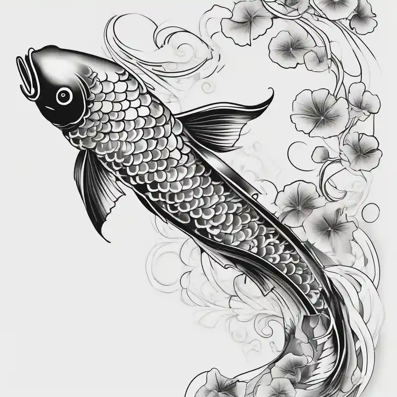 japanese style Koi Fish Tattoo Ideas in 2025 & free generation about elegant Koi fish wit log tail and pearls and ginkgo leaf
