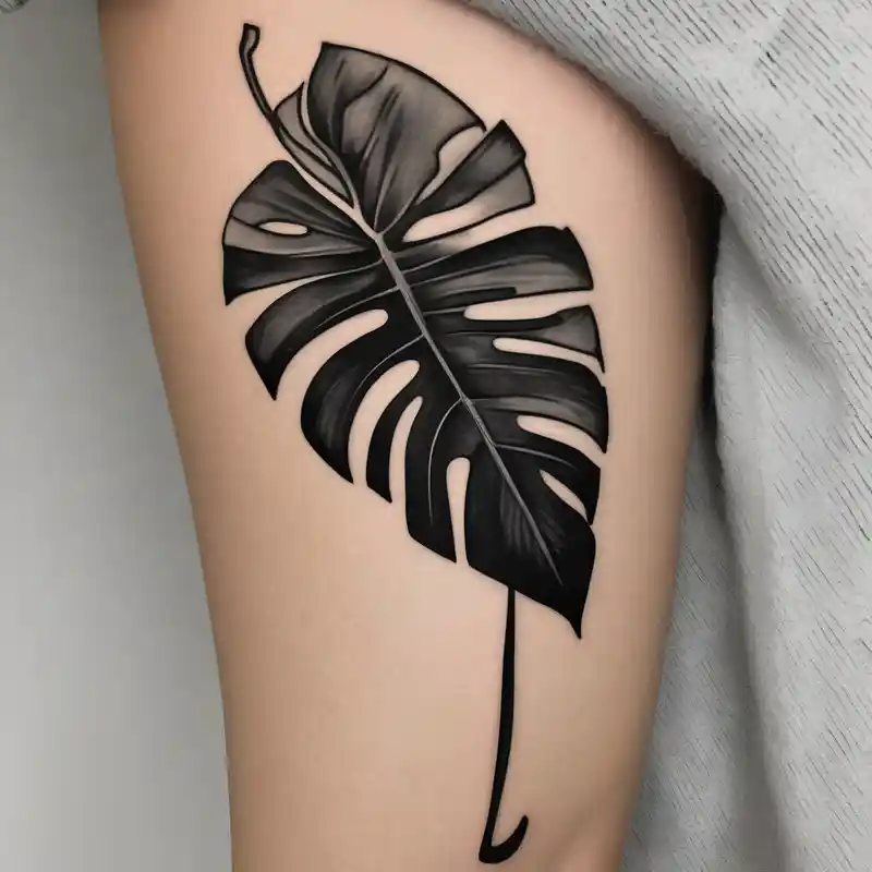 blackwork style 2025年の男性向け外側前腕タトゥーのアイデア about Abstract but realistic monstera leaf tattoo to go on the right leg on the outside of the leg next to the shin with a stem going down behind the ankle. Make it not so dark with lighter shading maple-leaf and Abstract but realistic monstera leaf tattoo to go on the right leg on the outside of the leg next to the shin with a stem going down behind the ankle. Make it not so dark with lighter shading maple-leaf