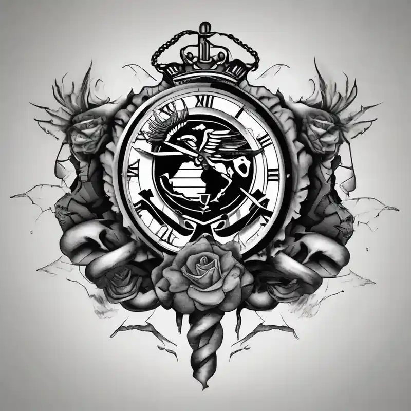 black and white style Clock Tattoo Ideas in 2024 about Marine Corps Elements: Surrounding the clock face and you could incorporate elements related to the Marine Corps. These could include marine-corps