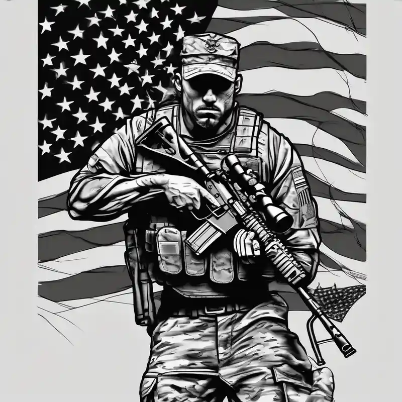 black and white style 2025年のフォースTFTタトゥーアイデア about Marine Corps special forces sniper walking with his rifle and with a waving American flag behind it marine-corps