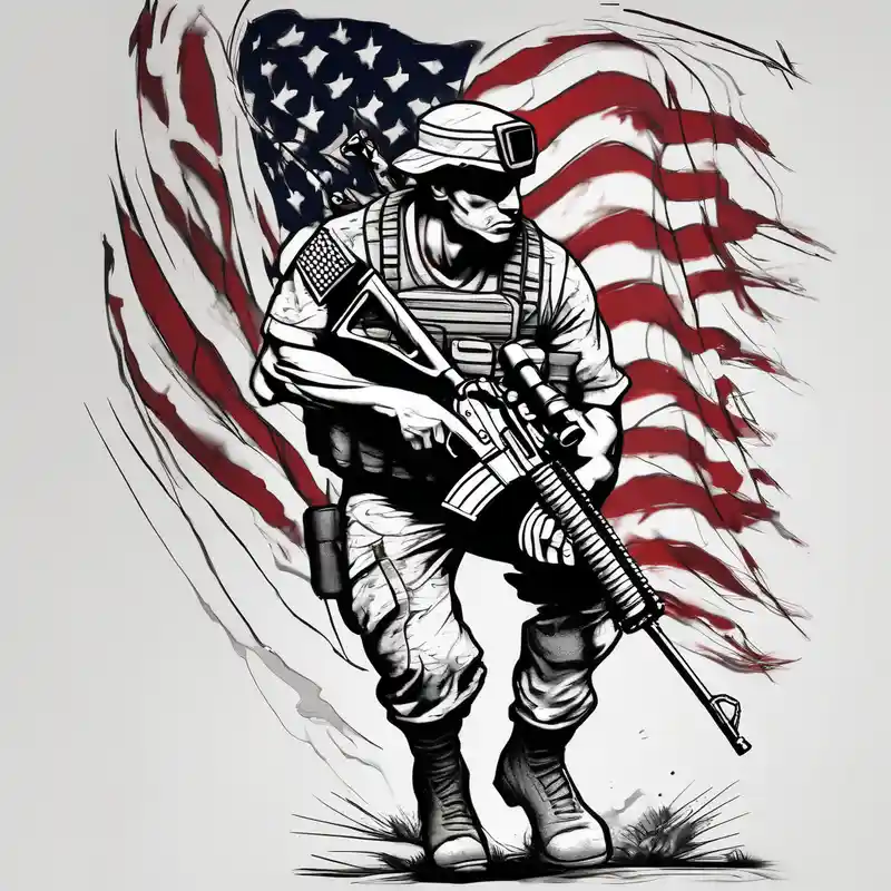 sketch style 2025年のフォースTFTタトゥーアイデア about Marine Corps special forces sniper walking with his rifle and with a waving American flag behind it marine-corps