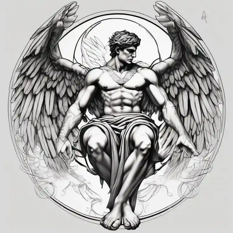 sketch style Idées de tatouages assortis en 2025 about God hermes kneeling with wings wrapped around him matching--ideas and God hermes kneeling with wings wrapped around him matching--ideas