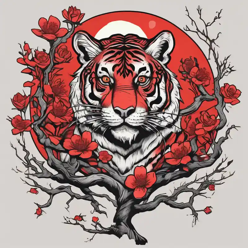 old school style Tiger Tattoo Ideas and Designs in 2024 about Tiger lies of branch of a tree that has little red flowers. There is raven on the tiger’s head. And the red crescent moon behind. mens-behind-the-ear and Tiger lies of branch of a tree that has little red flowers. There is raven on the tiger’s head. And the red crescent moon behind. mens-behind-the-ear