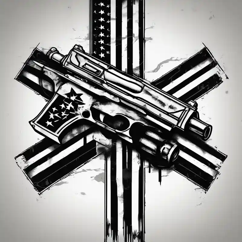 sketch style Simple Tattoos for Men in 2024 about Distressed American flag behind cross with 2 guns leaned on it simple mens-behind-the-ear and Distressed American flag behind cross with 2 guns leaned on it simple mens-behind-the-ear