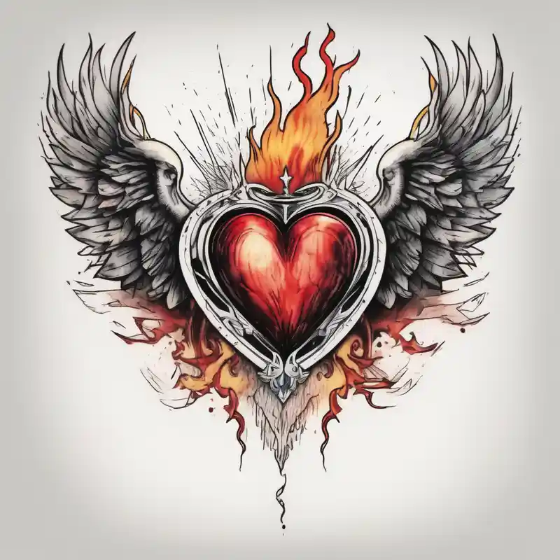 watercolor style Sacred Art Tattoo Ideas in 2025 about sacred heart with a real heart and flames coming out of the top and wings behind mens-behind-the-ear and sacred heart with a real heart and flames coming out of the top and wings behind mens-behind-the-ear