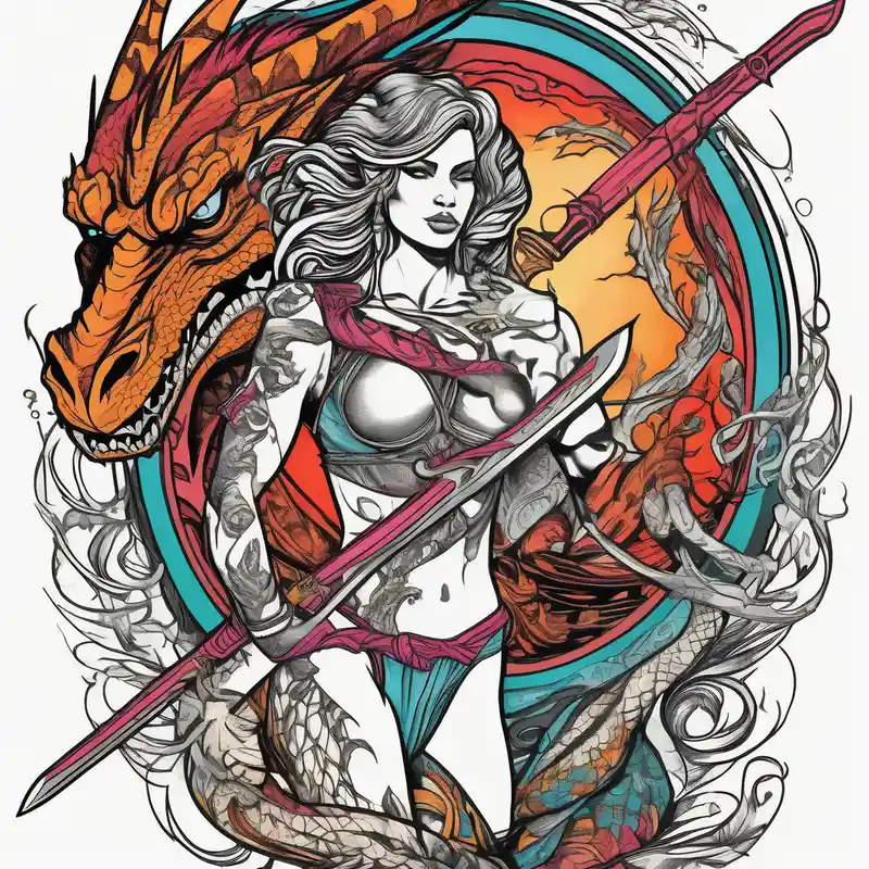 Women holding a sword powerful beauty a dragon behind her fiercely mens-behind-the-ear