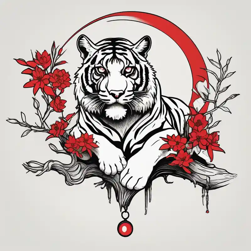 minimalist style Tiger Tattoo Ideas and Designs in 2024 about Tiger lies of branch of a tree that has little red flowers. There is raven on the tiger’s head. And the red crescent moon behind. mens-behind-the-ear and Tiger lies of branch of a tree that has little red flowers. There is raven on the tiger’s head. And the red crescent moon behind. mens-behind-the-ear