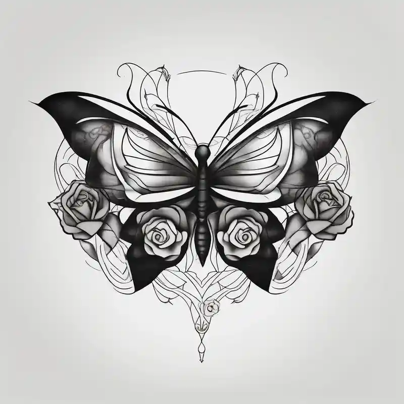 surreal style Male Sleeve Tattoo Designs and Ideas about a simple and black minimalist female chest tattoo with a butterfly in the centre and roses elegantly behind it floating elegantly in horizontal position towards the shoulders mens-behind-the-ear