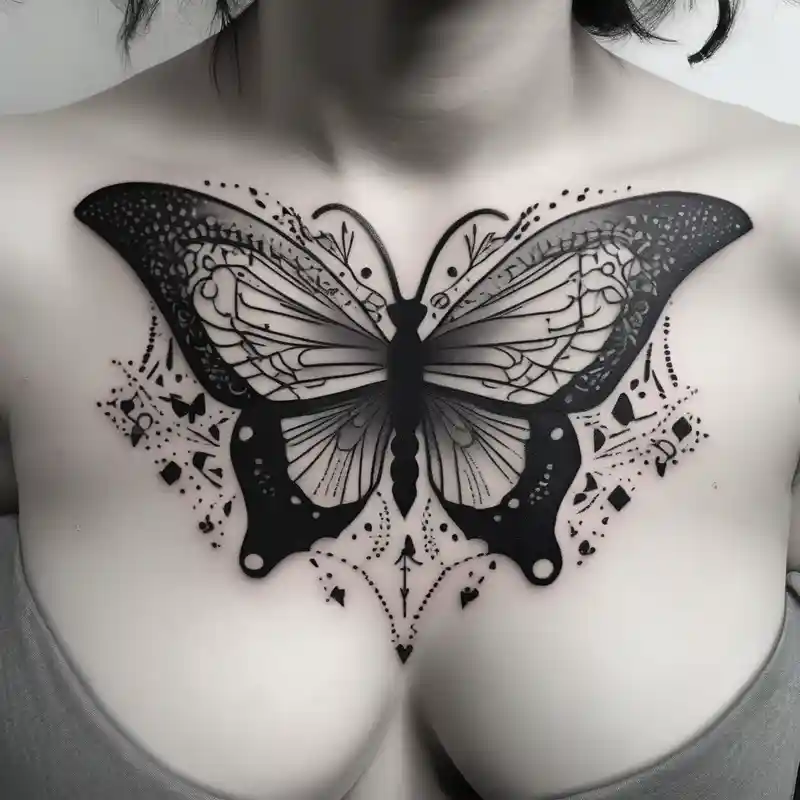 dotwork style Butterfly Tattoo Ideas in 2024 about a simple and black minimalist chest tattoo with a butterfly in the centre and flowers elegantly behind it floating elegantly in horizontal position towards the shoulders mens-behind-the-ear