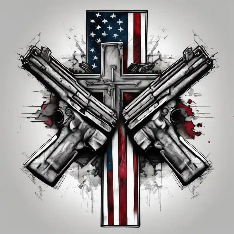 realistic style Simple Tattoos for Men in 2024 about Distressed American flag behind a cross with 2 guns leaned on it simple mens-behind-the-ear and Distressed American flag behind a cross with 2 guns leaned on it simple mens-behind-the-ear