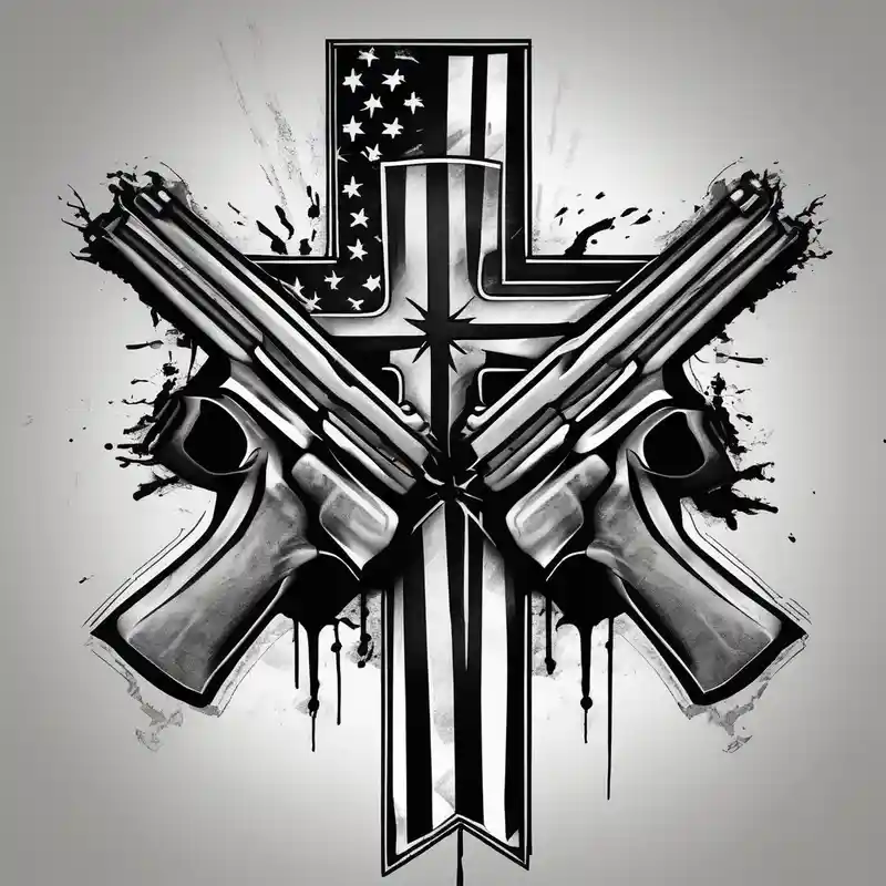 black and white style Simple Tattoos for Men in 2024 about Distressed American flag behind a cross with 2 guns leaned on it simple mens-behind-the-ear and Distressed American flag behind a cross with 2 guns leaned on it simple mens-behind-the-ear