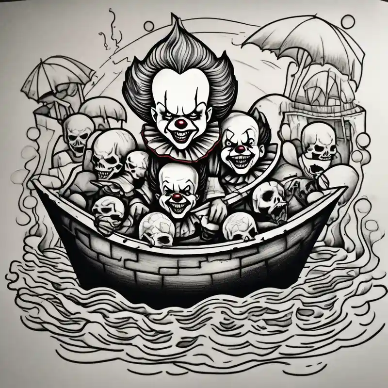 cartoon style Idées de tatouages de l'équipe fantôme Spider en 2025 about penny wise clown riding on georgies 
paper boat dragging skulls from other dead people behind him through the sewer system with a balloon covered in spiders mens-behind-the-ear and penny wise clown riding on georgies 
paper boat dragging skulls from other dead people behind him through the sewer system with a balloon covered in spiders mens-behind-the-ear