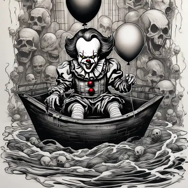 watercolor style Idées de tatouages de l'équipe fantôme Spider en 2025 about penny wise clown riding on georgies 
paper boat dragging skulls from other dead people behind him through the sewer system with a balloon covered in spiders mens-behind-the-ear and penny wise clown riding on georgies 
paper boat dragging skulls from other dead people behind him through the sewer system with a balloon covered in spiders mens-behind-the-ear