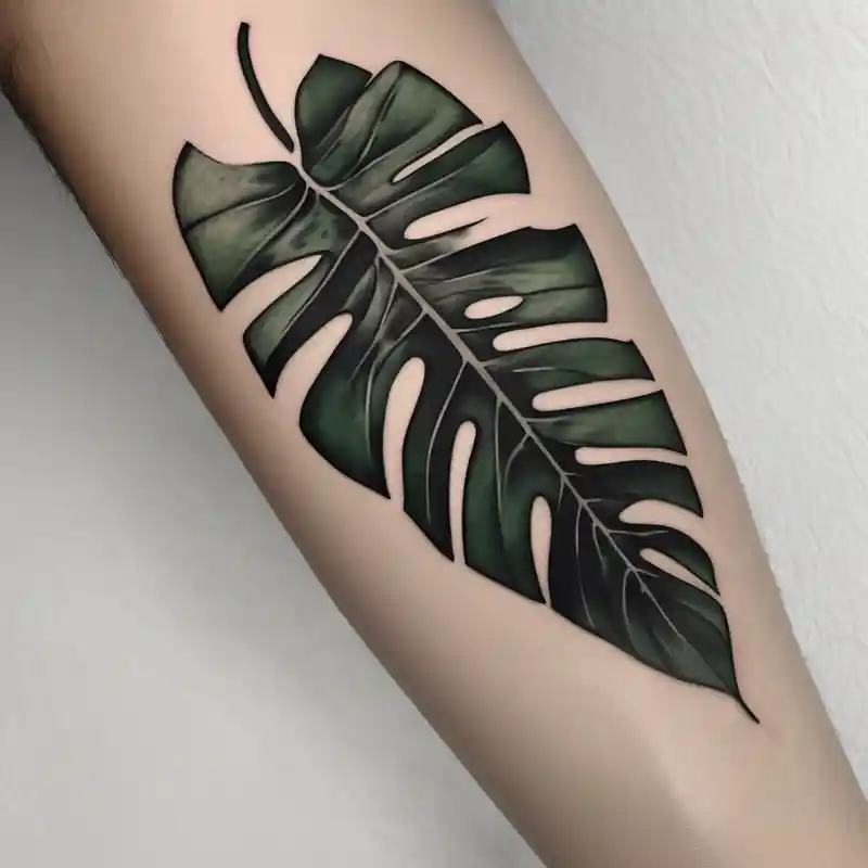 Abstract but realistic monstera leaf tattoo to go on the right leg on the outside of the leg next to the shin with a stem going down behind the ankle. Make it not so dark with lighter shading mens-behind-the-ear