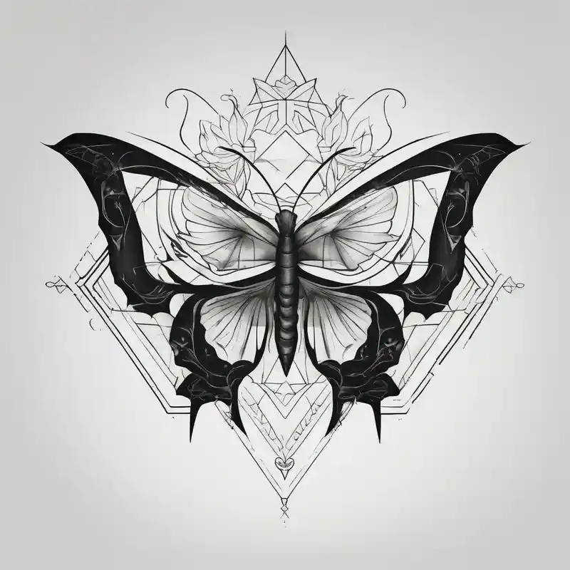 geometric style Butterfly Tattoo Ideas in 2024 about a simple and black minimalist chest tattoo with a butterfly in the centre and flowers elegantly behind it floating elegantly in horizontal position towards the shoulders mens-behind-the-ear