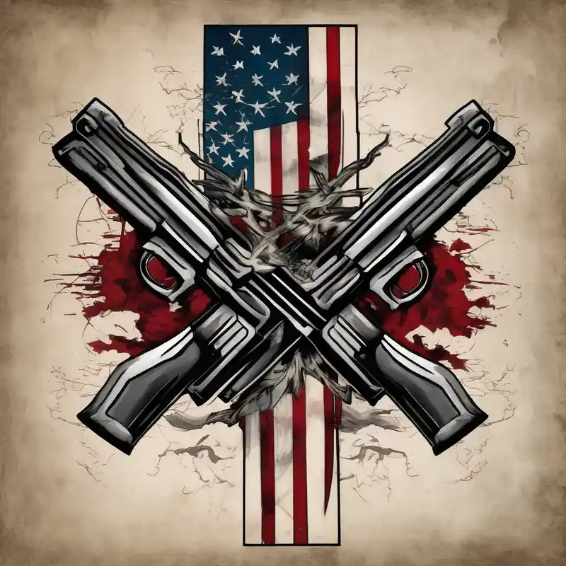 japanese style Simple Tattoos for Men in 2024 about Distressed American flag behind cross with 2 guns leaned on it simple mens-behind-the-ear and Distressed American flag behind cross with 2 guns leaned on it simple mens-behind-the-ear