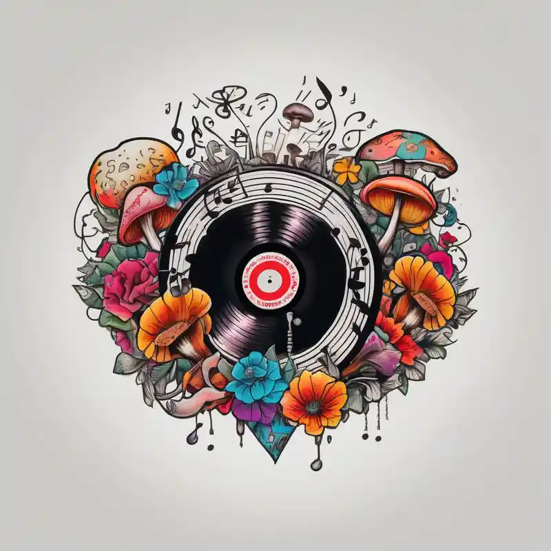 old school style Mushroom Tattoo Ideas in 2025 about vinyl record with mushrooms and flowers