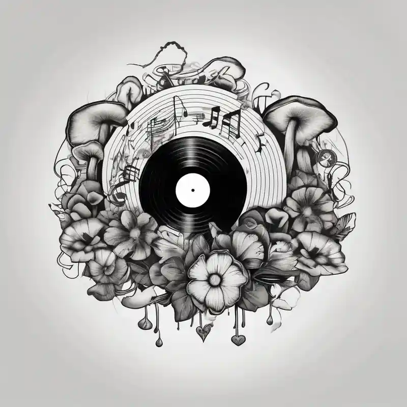 black and white style Idées de tatouages de champignons en 2025 about vinyl record with mushrooms and flowers