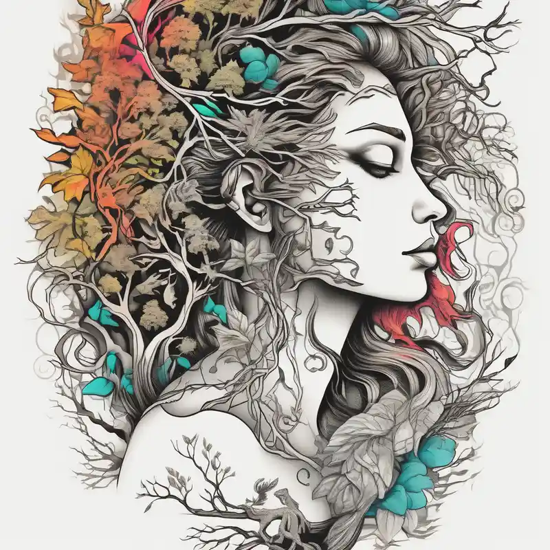 surreal style Tatuajes de manga para mujeres: Ideas de tatuajes en 2025 about Forest goddess looking down side profile  tree branches forming into her face with full male lions head facing her as to protect her middle arm sleeve neck-male and Forest goddess looking down side profile  tree branches forming into her face with full male lions head facing her as to protect her middle arm sleeve neck-male