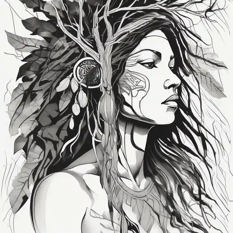 sketch style Sleeve Tattoos for Women Tattoo Ideas in 2025 about Native american Forest goddess looking down side profile  tree branches forming into her face male lions head facing her as to protect her middle arm sleeve neck-male and Native american Forest goddess looking down side profile  tree branches forming into her face male lions head facing her as to protect her middle arm sleeve neck-male