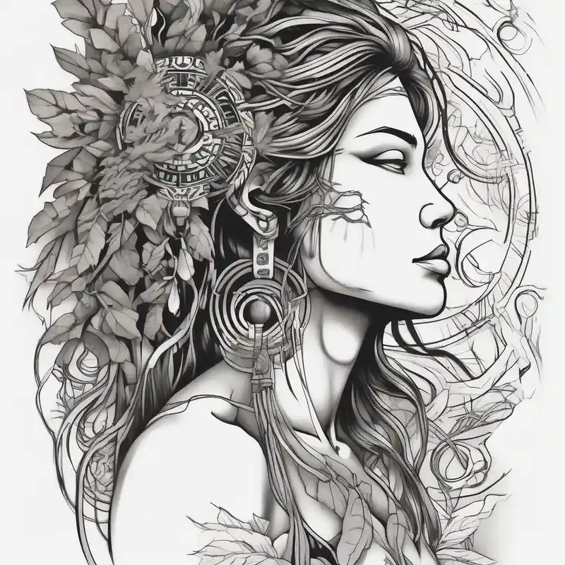 japanese style Lion Tattoo Behind Ear Ideas in 2025 & free generation about Native american Forest goddess looking down side profile  tree branches forming into her face male lions head facing her as to protect her middle arm sleeve neck-male and Native american Forest goddess looking down side profile  tree branches forming into her face male lions head facing her as to protect her middle arm sleeve neck-male