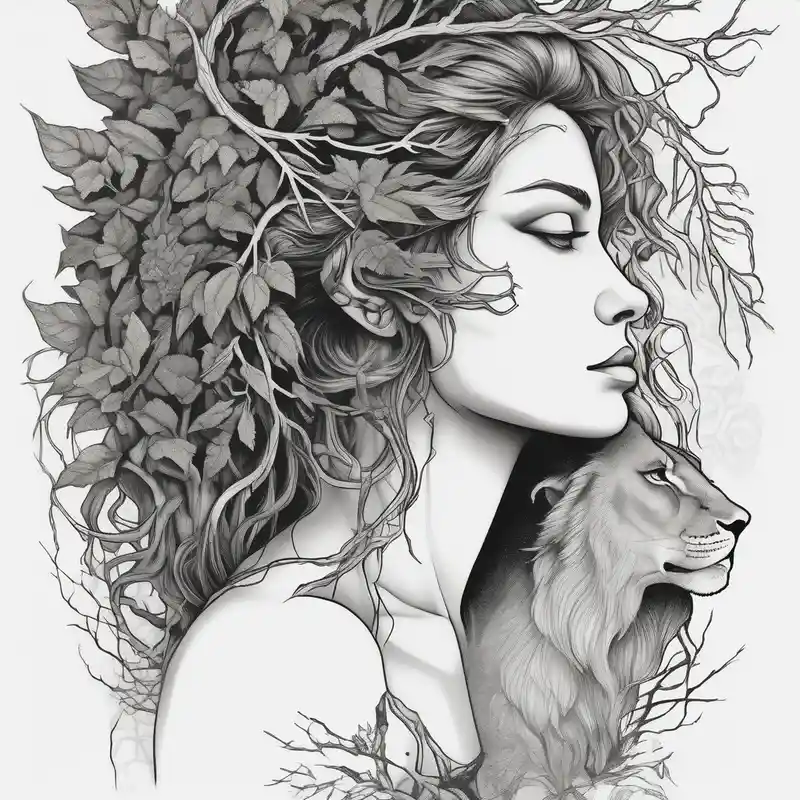 black and white style 2025年の「神は高低を超える」というタトゥーアイデア about Forest goddess looking down side profile  tree branches forming into her face with full male lions head facing her as to protect her middle arm sleeve neck-male and Forest goddess looking down side profile  tree branches forming into her face with full male lions head facing her as to protect her middle arm sleeve neck-male