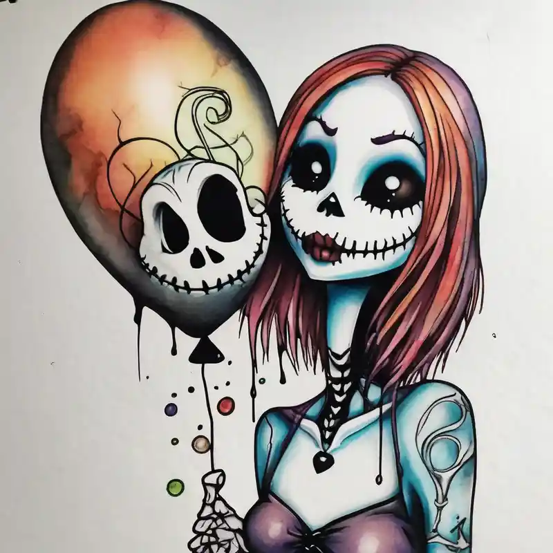 watercolor style Designs et Significations du Tatouage Jack Sparrow about Sally from nighmare before christmas holding a ballon with jack skellignton's face nightmare-before-christmas and Sally from nighmare before christmas holding a ballon with jack skellignton's face nightmare-before-christmas