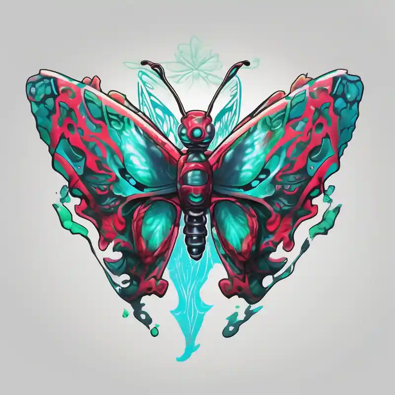 surreal style Color Tattoo Ideas in 2025 about Christmas color camouflage clothes on the fortnite character jolly jammer and wrapped in majestic butterfly wings with a greenish blue glow