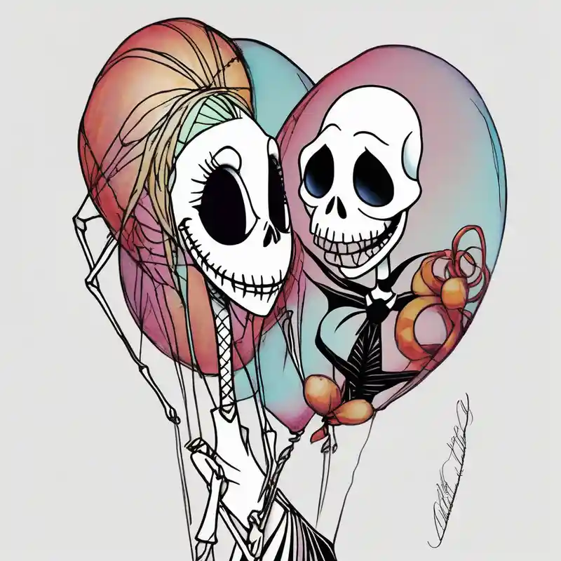 sketch style Ideas de tatuajes de El extraño mundo de Jack en 2025 about Sally from nighmare before christmas holding a ballon with jack skellignton's face nightmare-before-christmas and Sally from nighmare before christmas holding a ballon with jack skellignton's face nightmare-before-christmas