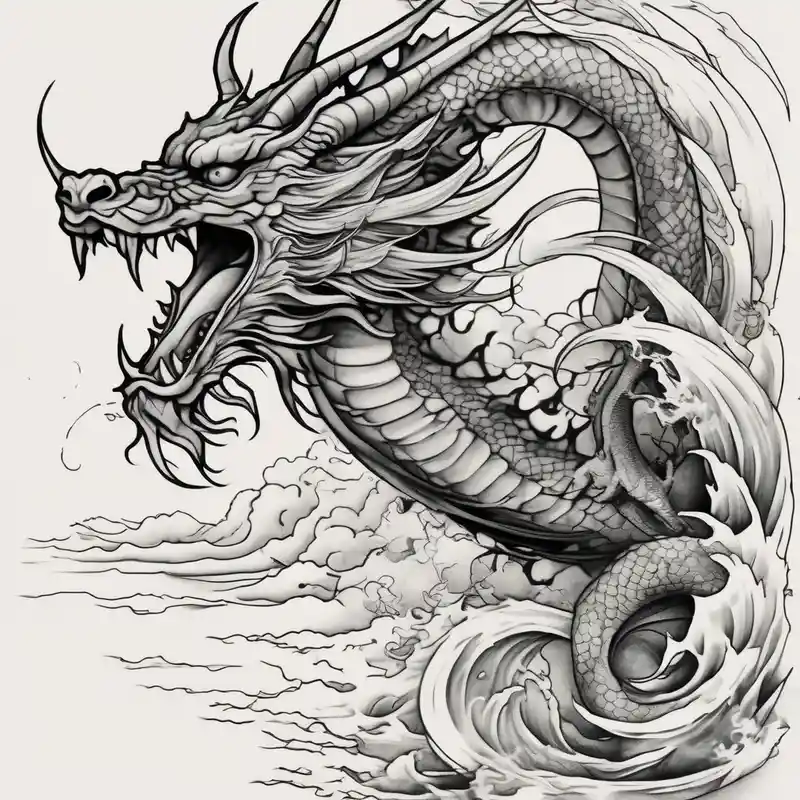 blackwork style Ocean Tattoo Ideas in 2025 about The ocean for the left side. The dragon with sumie style for the right side. That dragon goes up and The ocean for the left side. The dragon with sumie style for the right side. That dragon goes up