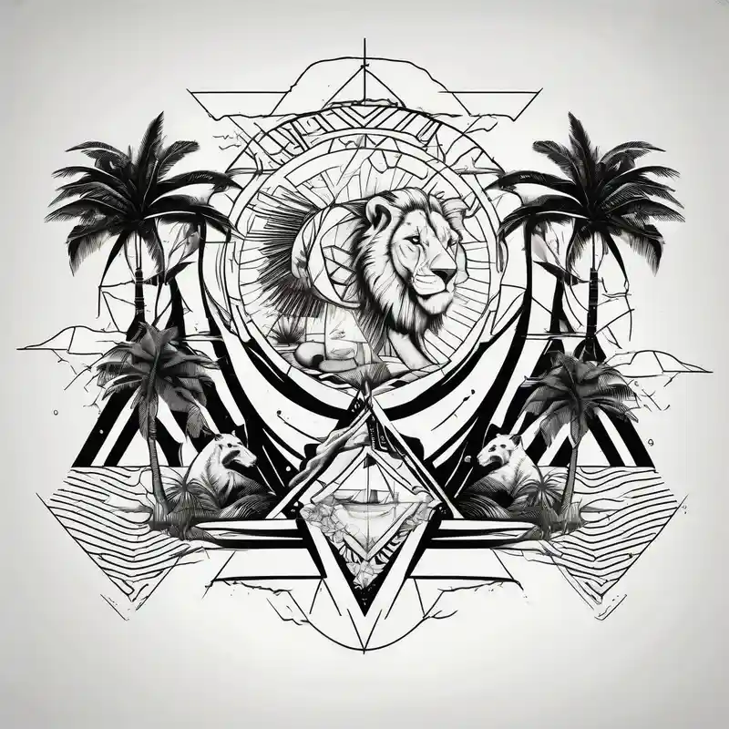 geometric style Idées de tatouages océaniques en 2025 about an image that represent jamaican island life with palm trees and ocean