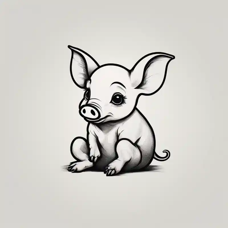 watercolor style Back Neck Tattoo Male Ideas in 2025 about cute pig/piglet sitting on bum. big eyes and small/floppy ears. draw with very thin lines minimal shading