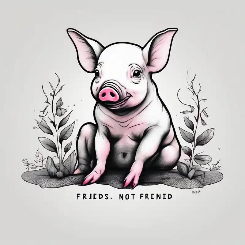 surreal style Back Neck Tattoo Male Ideas in 2025 about cute piglet sitting on bum. thin lines minimal shading and black and white only