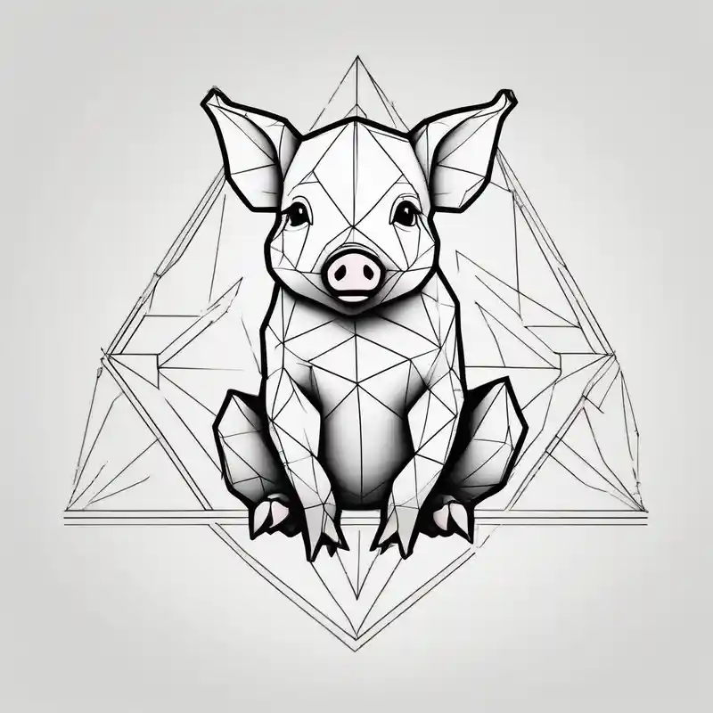 geometric style Cute Tattoo Ideas in 2025 & free generation about cute piglet sitting on bum. thin lines minimal shading and black and white only