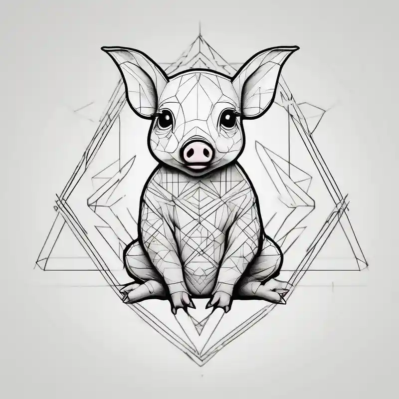 geometric style White ink tattoo Ideas in 2025 & free generation about cute pig/piglet sitting on bum. big eyes and small/floppy ears. draw with very thin lines minimal shading