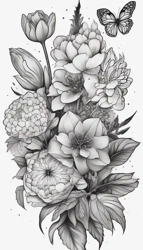 dotwork style Dragon Tattoo Ideas in 2024 about Verticle arm placement of HydrANGEAS and TULIPS