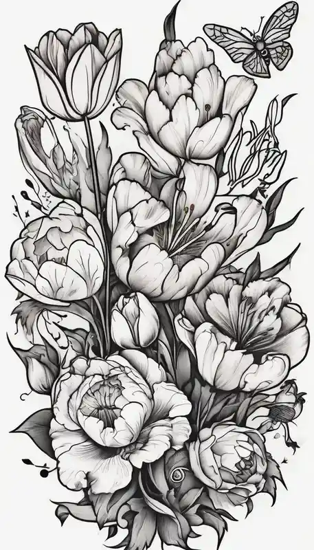 old school style Outer Arm Tattoo Ideas in 2025 & free generation about Verticle arm placement of dainty TULIPS and LILLIES