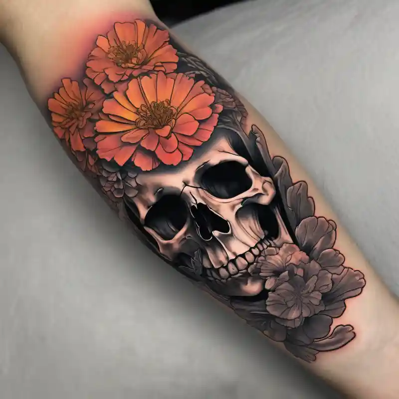 realistic style 2025年の男性向け外側前腕タトゥーのアイデア about Left forearm tattoo of sunset and carnations on the outside of the forearm and on the inside there will be marigolds and a small skull outer-forearm-for-men and Left forearm tattoo of sunset and carnations on the outside of the forearm and on the inside there will be marigolds and a small skull outer-forearm-for-men